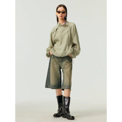 Washed Casual Baggy Straight Trousers Middle Ripped Cropped Pants