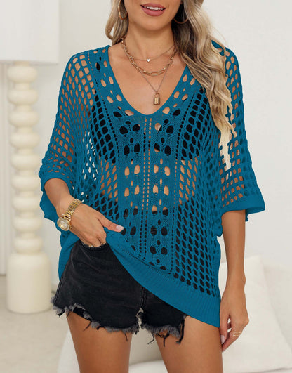 Women's Sexy Cutout Woven Shirt Batwing Sleeve Loose Casual Top Bikini Cover-up Blouse