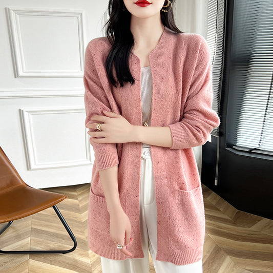 Round Neck Wool Cardigan Coat For Women