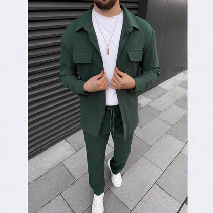 Men's Corduroy Long Sleeve Lapel Shirt Trousers Daily Casual Suit