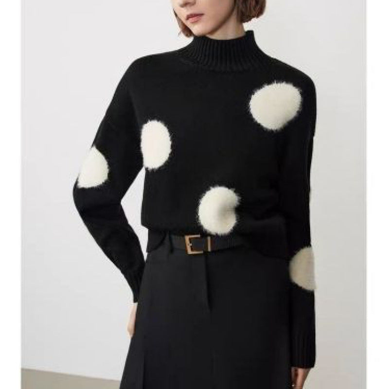 Autumn New Half Turtleneck Polka Dot Temperament Crew Neck Pullover Sweater Women