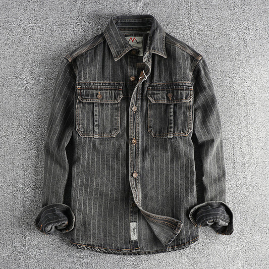 Men's British Retro Black Gray Striped Denim Shirt