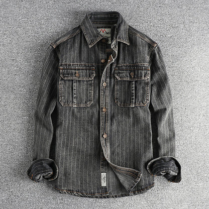Men's British Retro Black Gray Striped Denim Shirt