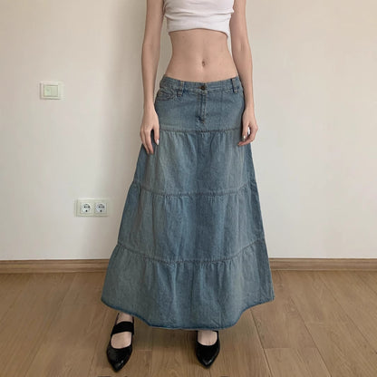 Vacation Style Low Waist Old Washed Blue Loose Slimming Denim Skirt