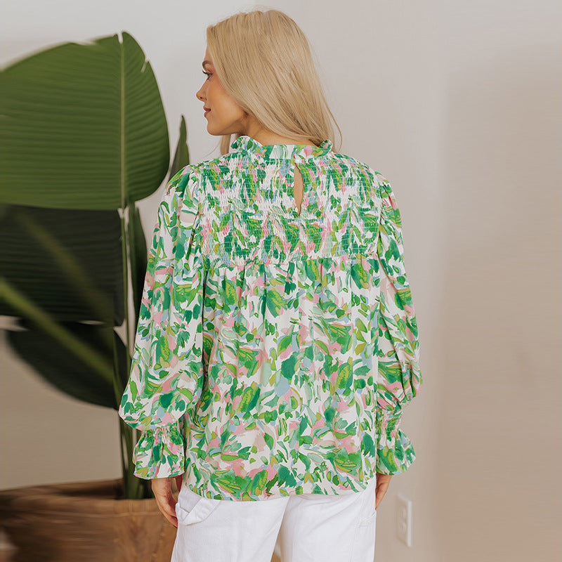 Color Matching Printed Turtleneck Chiffon Shirt