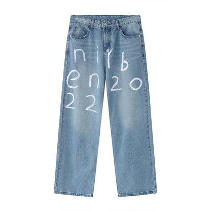 New Loose Wide-leg Mopping Jeans Personalized Digital Printing