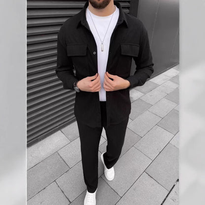 Men's Corduroy Long Sleeve Lapel Shirt Trousers Daily Casual Suit
