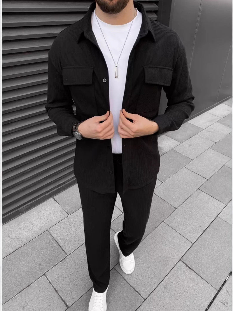 Men's Corduroy Long Sleeve Lapel Shirt Trousers Daily Casual Suit