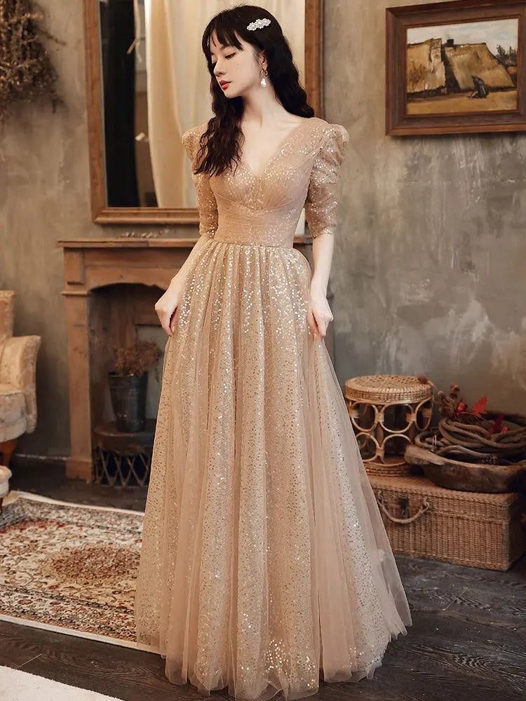 New Champagne V-neck Sequined Atmosphere Dress For Women - Ocean Vault