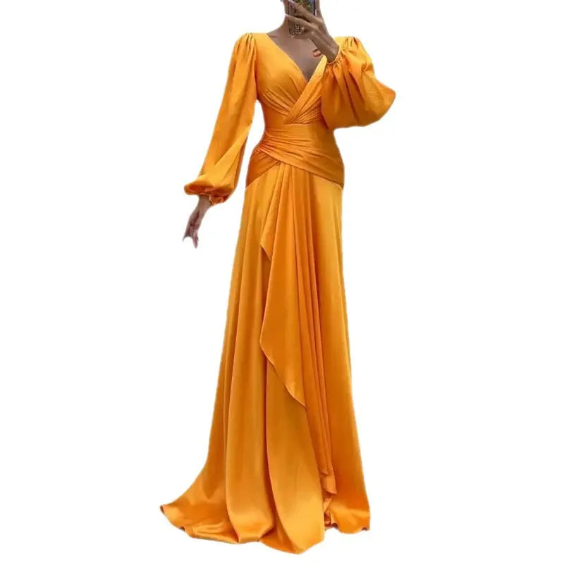 Fitted Waist Pleated Long Sleeve Temperament Slimming Dress - Ocean Vault