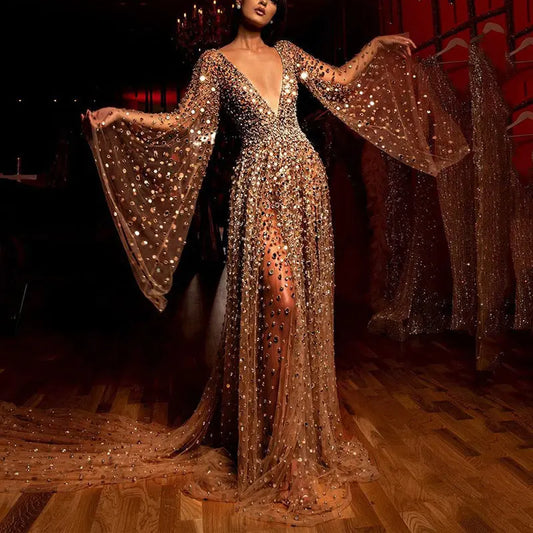 Women's New Dress Long Sleeve Deep V See-through Gold Sprinkling - Ocean Vault