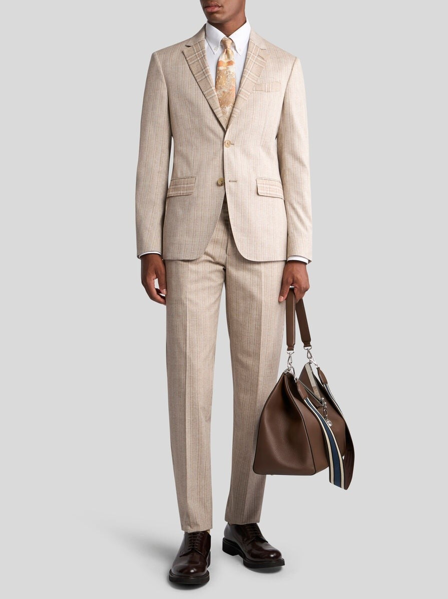 Men's Light Brown Pinstripe Suit Set With Subtle Plaid Details