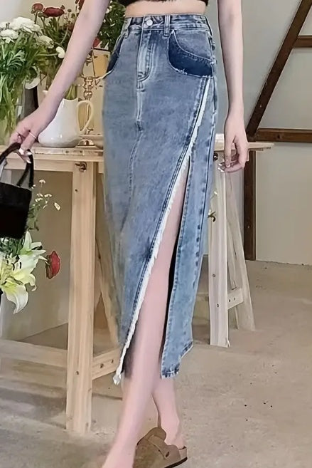 Retro High Waist Split Denim Skirt Women's Mid-length A-line Hip Skirt