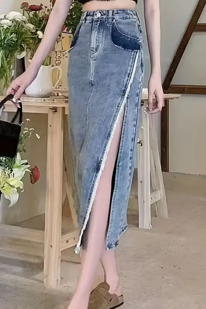 Retro High Waist Split Denim Skirt Women's Mid-length A-line Hip Skirt