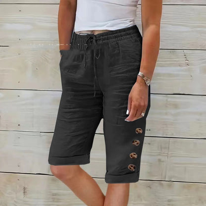 Summer Elastic Waist Solid Color Cotton Linen Wide Leg Pants