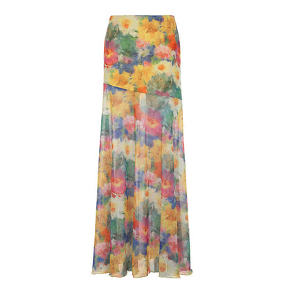 Island Oil Painting Style Blooming Printed Mesh Skirt
