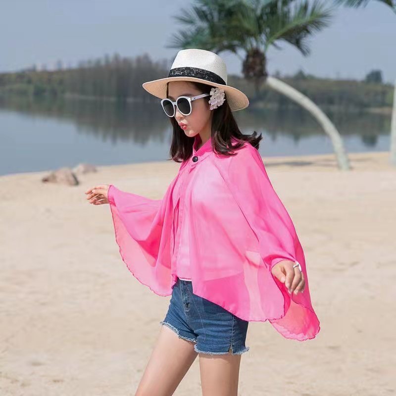 Solid Color Ventilation Shawl Button Chiffon Sunscreen Women's Fashion
