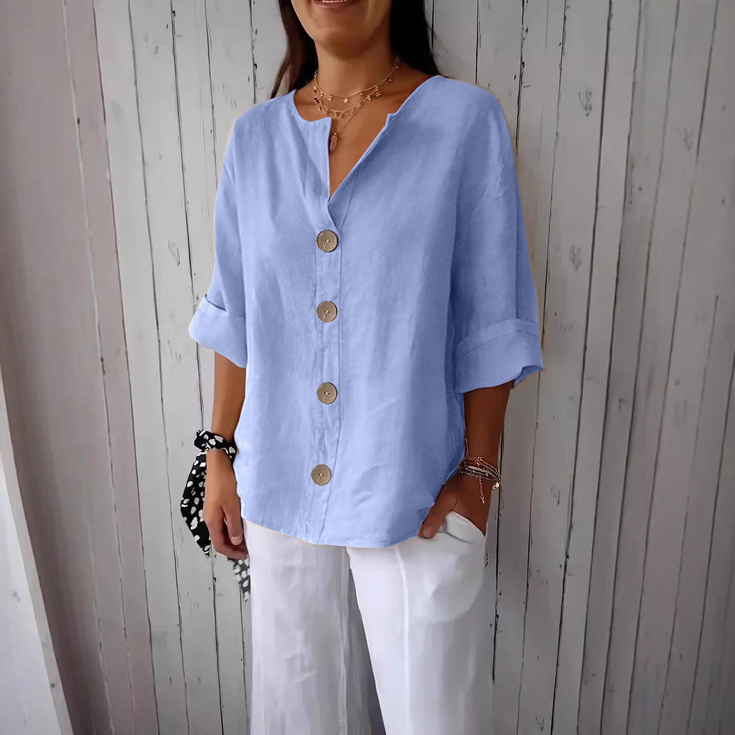 Summer New Loose T-shirt Women's V-neck Solid Color Button Three-quarters Sleeve Top