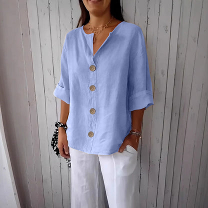 Summer New Loose T-shirt Women's V-neck Solid Color Button Three-quarters Sleeve Top