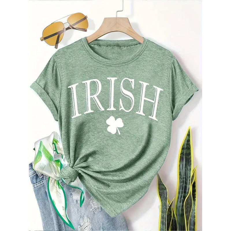 Women's Clover Print T-Shirt Breathable Summer Tee With Letter Design Casual Loose Fit Short Sleeve Top