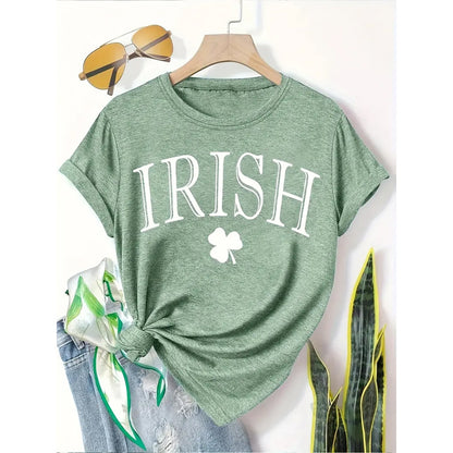 Women's Clover Print T-Shirt Breathable Summer Tee With Letter Design Casual Loose Fit Short Sleeve Top