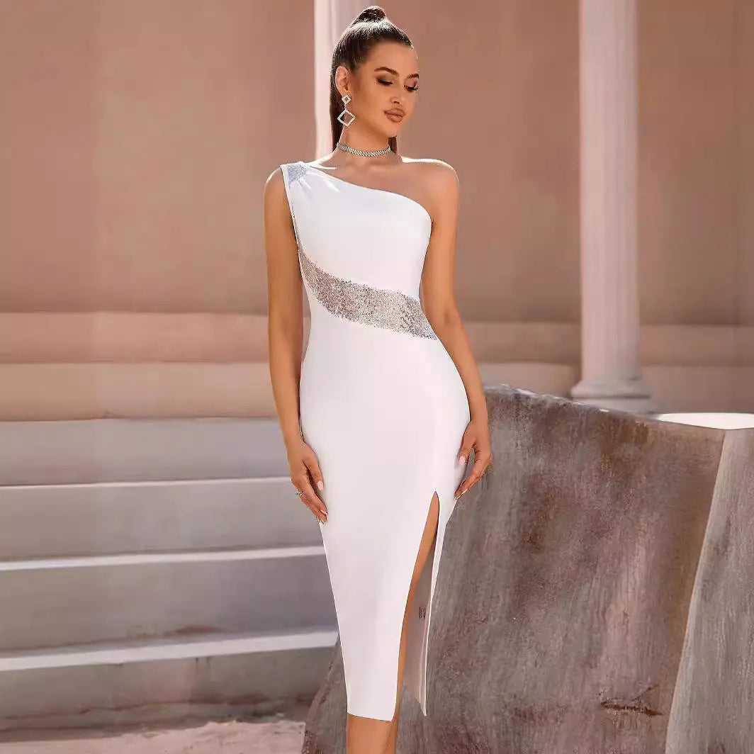 Bandage Solid Color One-shoulder Joint Slim Fit Dress - Ocean Vault