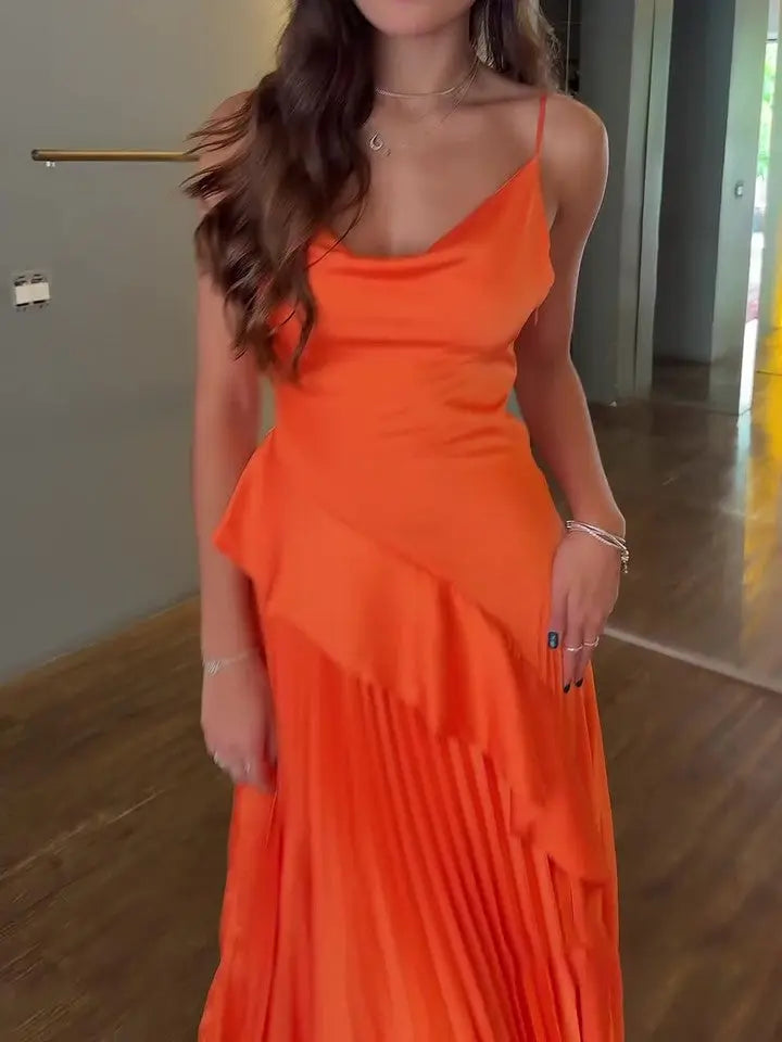 Orange Pleated Ruffled Backless Dress - Ocean Vault