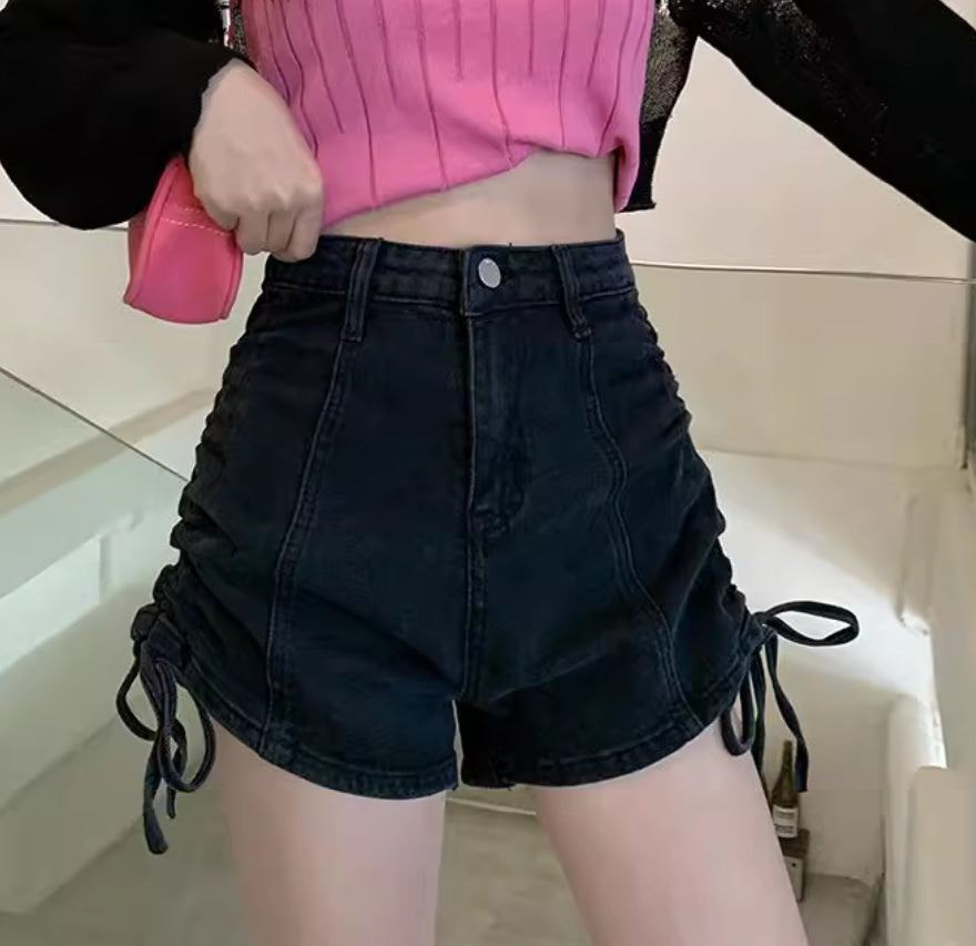 Thin Drawstring Design With A-line Wide Leg Denim Shorts For Women