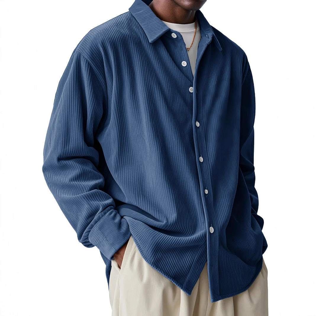 Men's Loose Trendy Long Sleeve Solid Color Polo Collar Shirt