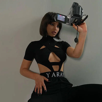 Style Spring New Sexy Cross Hollow High Collar Short Sleeve Rompers - Ocean Vault