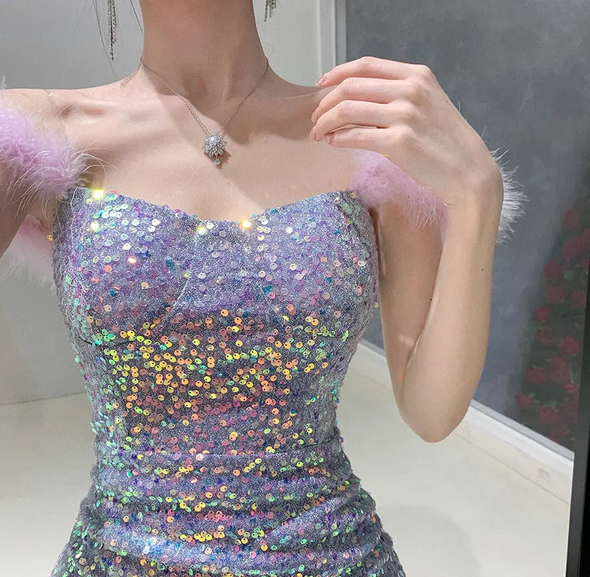 Elegant Shoulder-baring One-word Socialite Gathering Dress - Ocean Vault