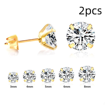 Simple Temperament Four-grab Round White Diamond Earrings Stainless Steel Fine Needle Earrings