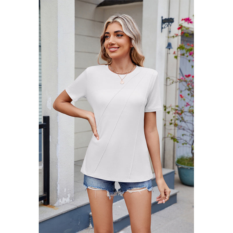 Women's Pleated Blouse - Short Sleeve Crew Neck Top Business Casual Loose Fit Shirt