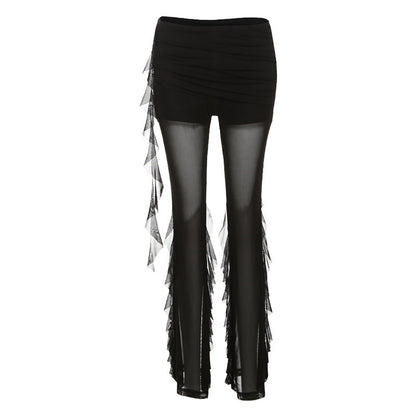 Fashion Women's Wear Ruffled Pleated Mesh Stitching See-through Casual Pants
