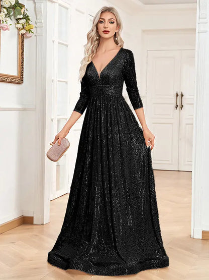 Sequined Fall V-neck High Waist Party Formal Dress - Ocean Vault