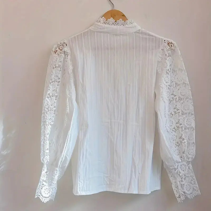 Elegant Women's Vintage Pearl Button Lace Blouse - Puff Sleeve Semi-Sheer Ruffled Stand Collar Shirt Spring&Summer Office & Vacation Top - Ocean Vault