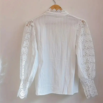 Elegant Women's Vintage Pearl Button Lace Blouse - Puff Sleeve Semi-Sheer Ruffled Stand Collar Shirt Spring&Summer Office & Vacation Top - Ocean Vault