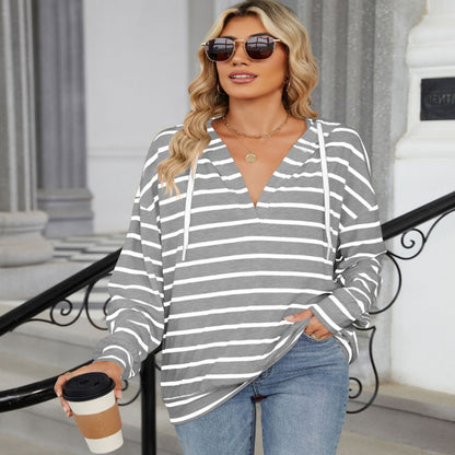 Hoodie With Drawstrings Striped Long Sleeve Sweatshirt Tops