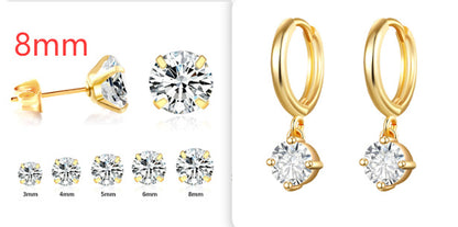 Simple Temperament Four-grab Round White Diamond Earrings Stainless Steel Fine Needle Earrings