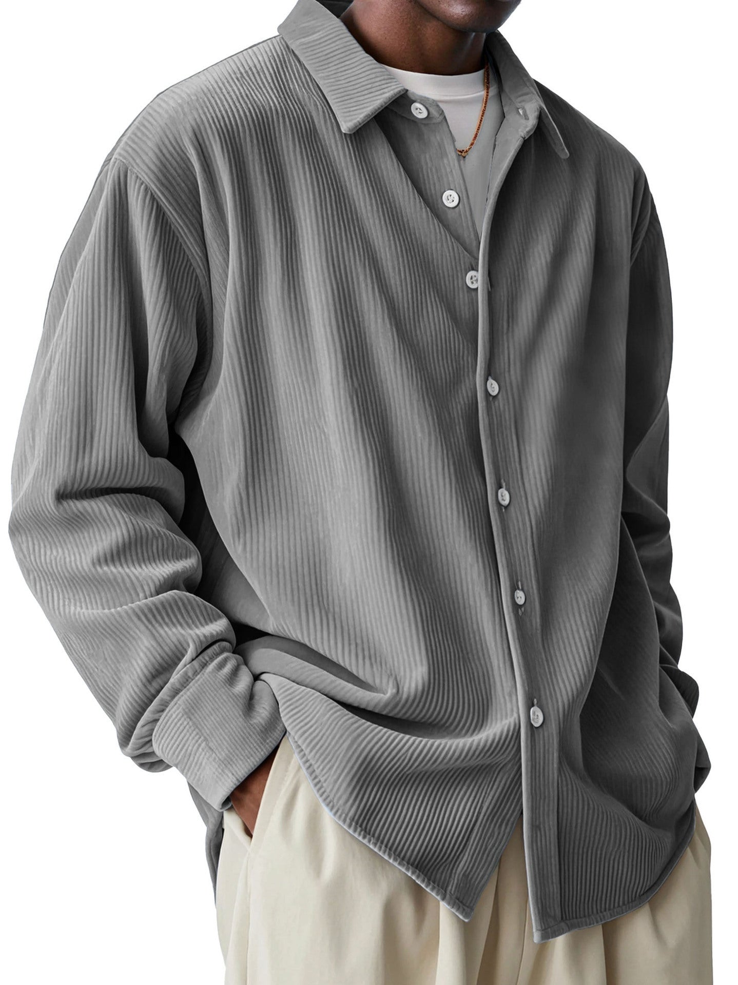 Men's Loose Trendy Long Sleeve Solid Color Polo Collar Shirt
