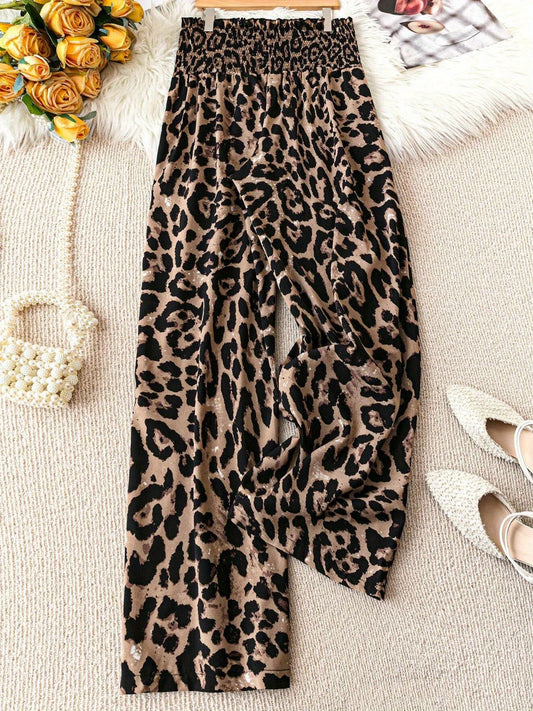 Women's Plus Size Leopard Print Wide-Leg Pants - Summer Casual Elastic Waist Long Trousers For Daily Wear