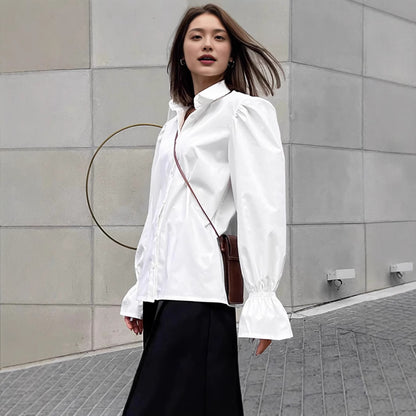 White Loose Puff Sleeves Shirt Women's Top