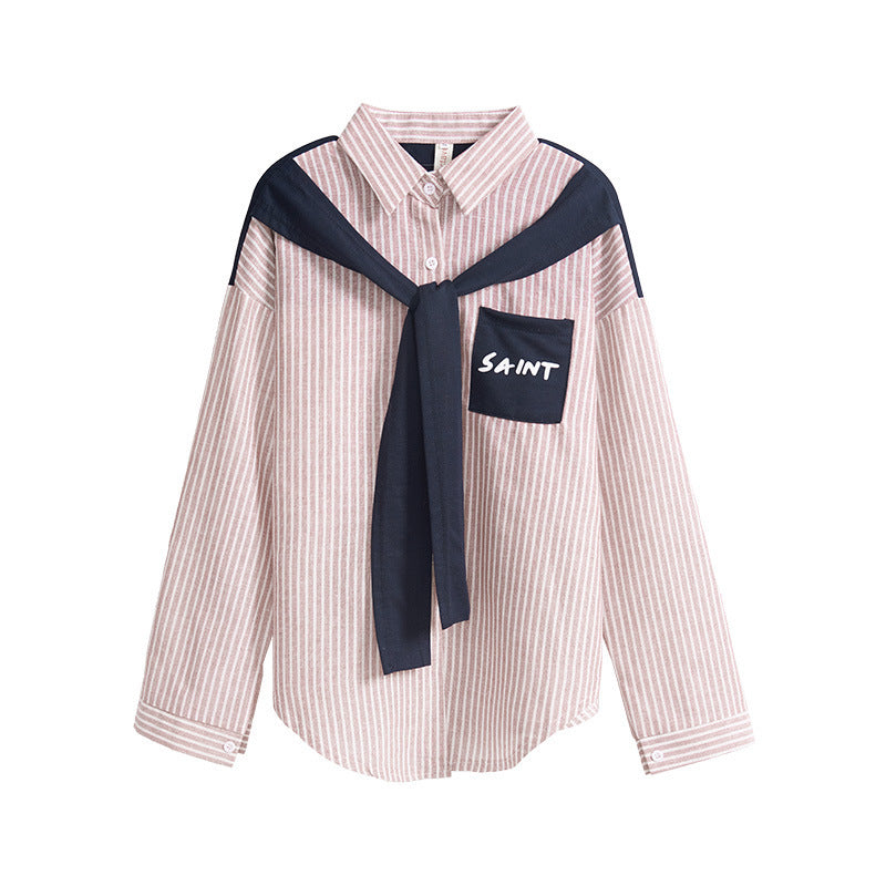 Shawl Stitching Fake Two Striped Long-sleeved Shirts