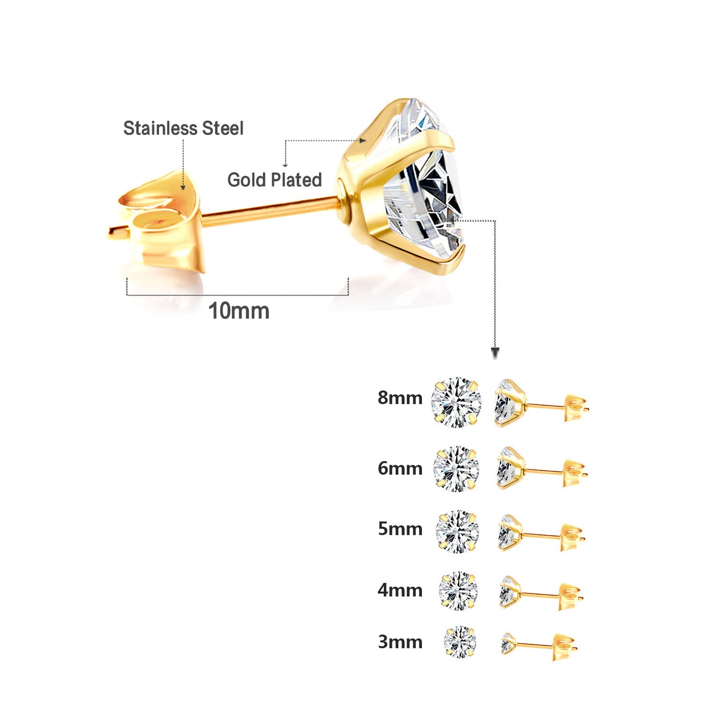 Simple Temperament Four-grab Round White Diamond Earrings Stainless Steel Fine Needle Earrings