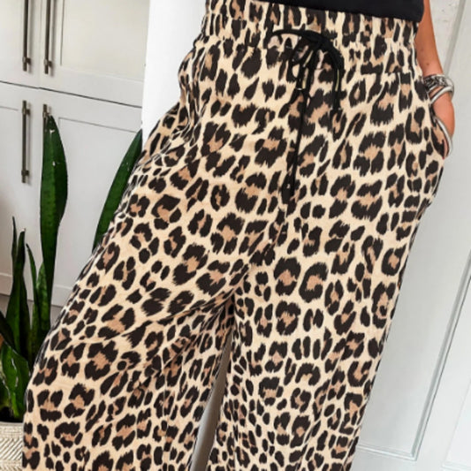 Parchment Leopard Drawstring Flowy Wide Leg Pants