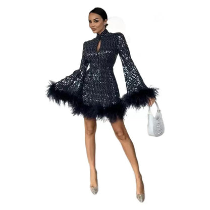 Women's Sexy Button Hollow-out Slim-fit Sequined Fluff Skirt