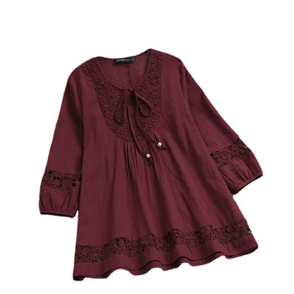 New Spring Autumn Cotton Hemp Splicing Lace Style Three Quarter Sleeve Loose Women's Top T-shirt
