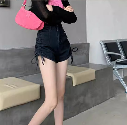 Thin Drawstring Design With A-line Wide Leg Denim Shorts For Women