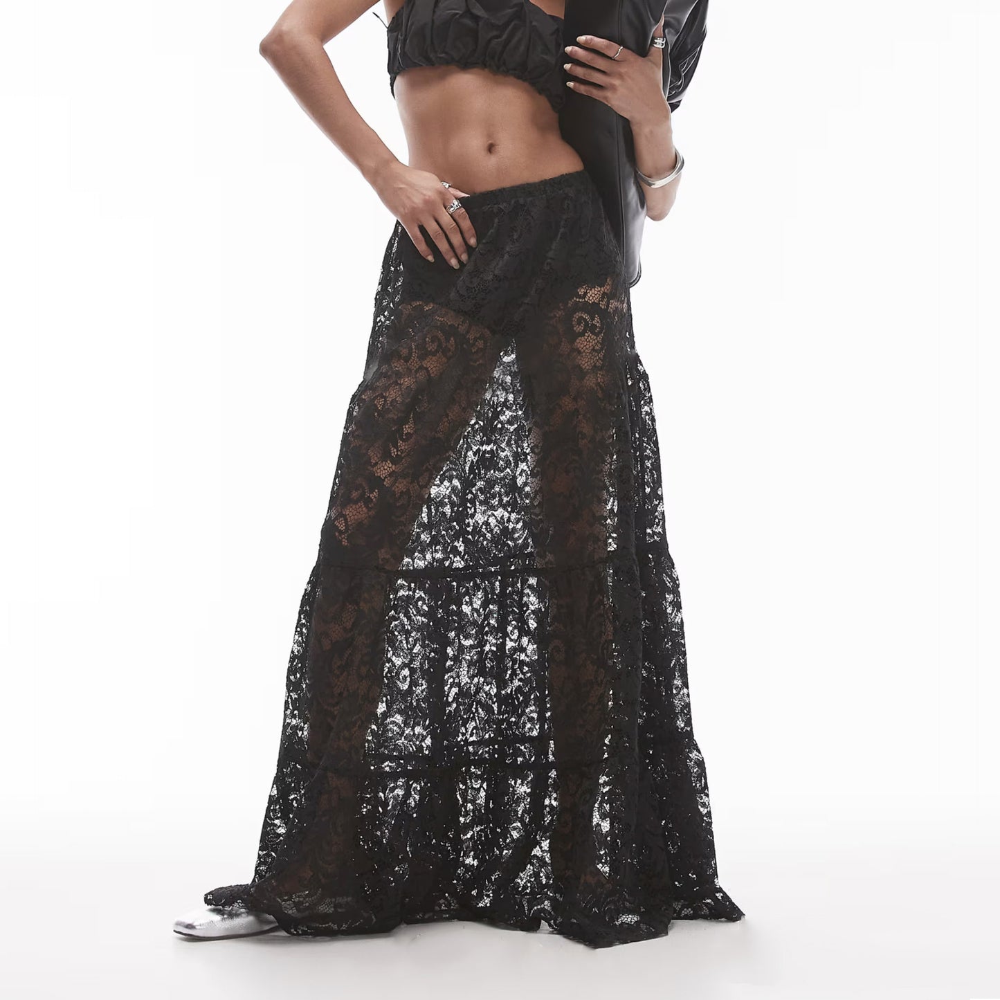 Flowers Elastic Waist Lace Skirt