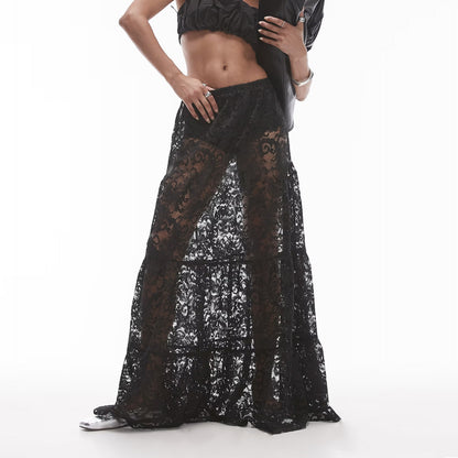 Flowers Elastic Waist Lace Skirt